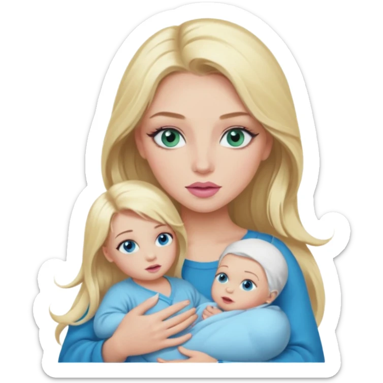 Blonde baddie with long hair Pretty makeup long lashes blue-green eyes ,   light pink lips holding baby Boy with blue eyes sticker