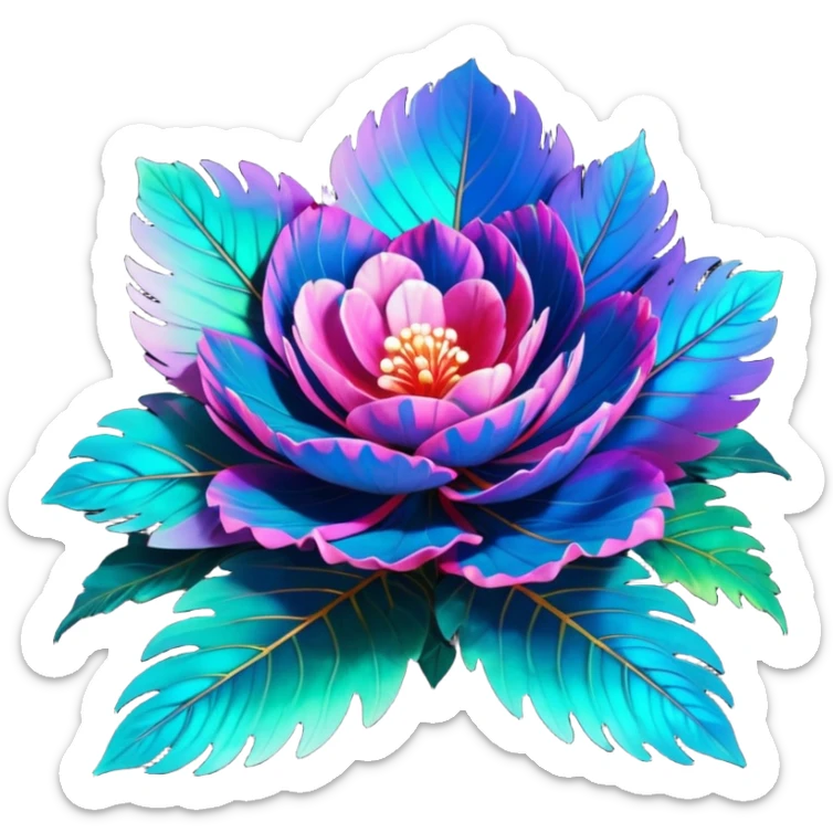 Unrealistic cyberpunk colors of a highly detailed, isolated 3D render, lush full soft appearance, Peacock Begonia feathers sticker