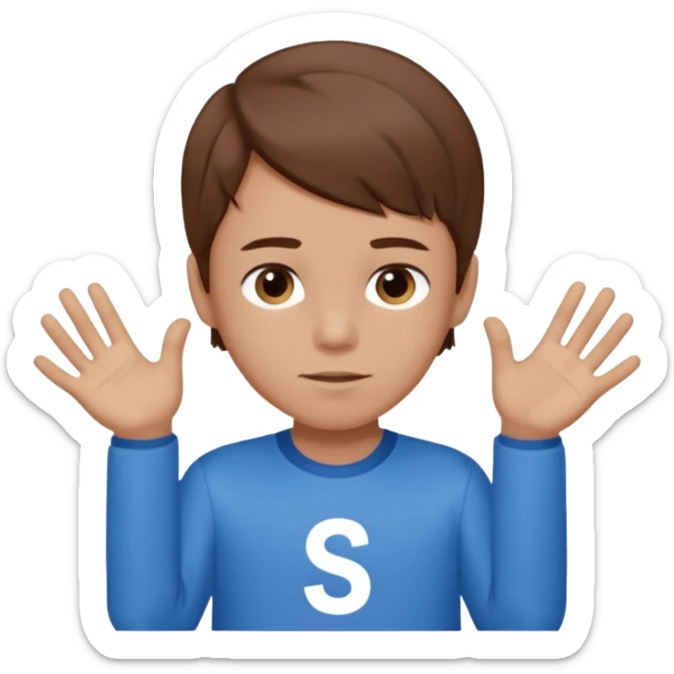 CHICO de pelo CAFE con blusa de mangas largas azules y la parte en medio de la blusa es blanca con una s azul en medio sticker