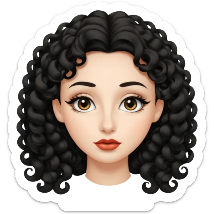 persona mujer con piel clara y rizos suaves color negro y largos  y sin volumen y con delineador en los ojos y con los labios medianos, ojos almendrados y nariz respringada sticker