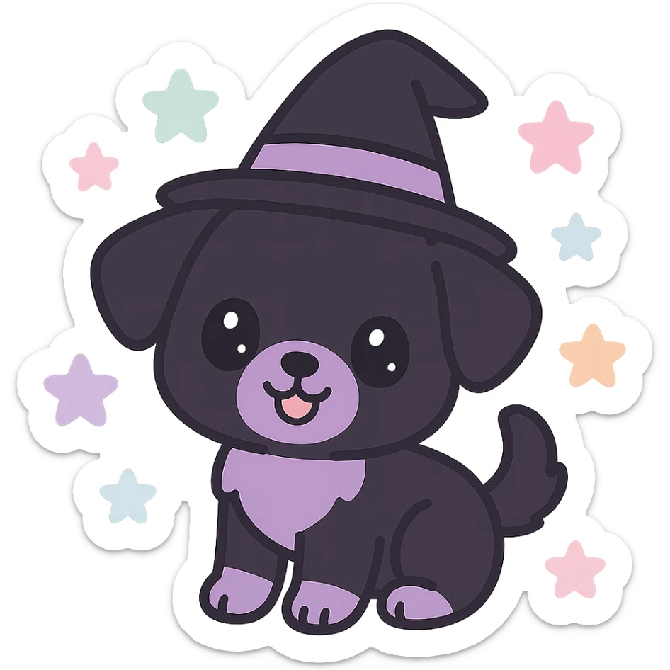 kawaii style magical gothic puppy, smiling face, black and purple fur, wearing a witch hat, surrounded by pastel stars, fun and magical sticker