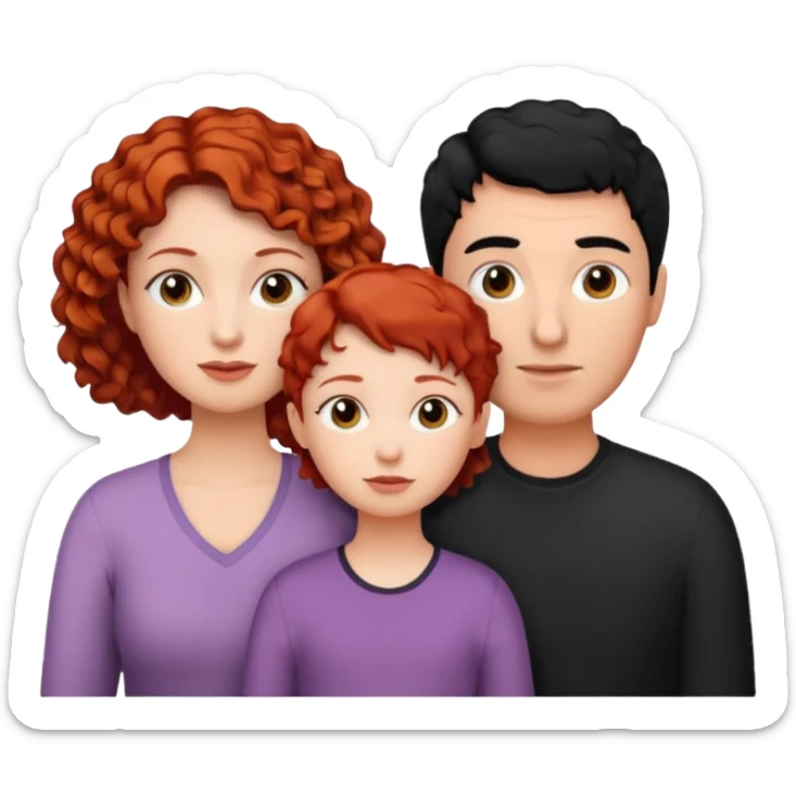 a family of three, all three white: the mother with short, curly red hair, the father with black hair, and the daughter with black hair. sticker