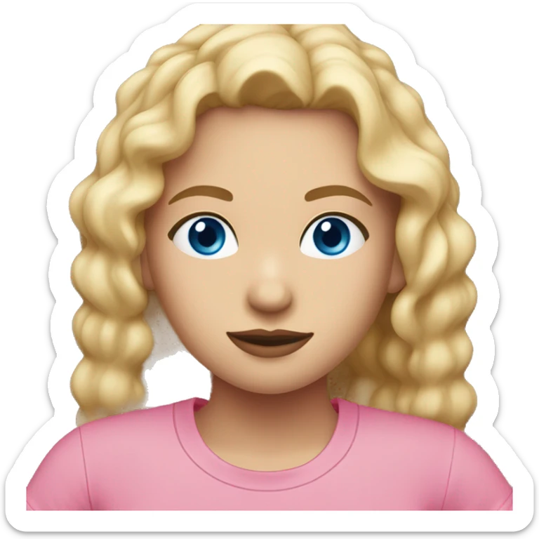 girl with log blond hair blue eyes dark brows pink T-shirt sticker