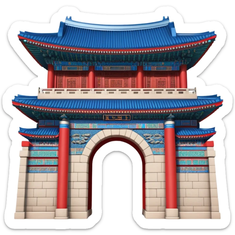 ​Cinematic Realistic Gwanghwamun Gate, depicted as a majestic historic gateway with traditional Korean architectural details, vibrant red and blue accents, and intricate carvings, set against a backdrop of modern Seoul under dynamic, natural lighting that highlights its timeless grandeur, sticker