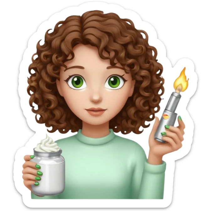 Girl with curly hair and green eyes holding a jar of icing and a lighter sticker