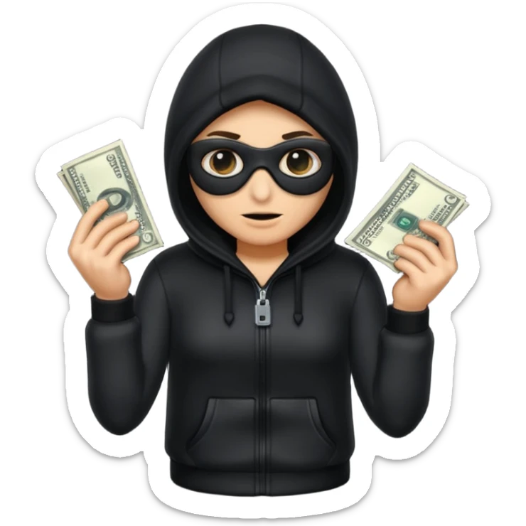 Robber with money na mão direita com uma blusa de frio preta  sticker