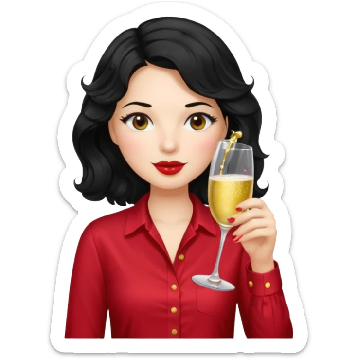 A woman with wavy black hair and a beautiful and authoritative cherry shirt drinking champagne sticker