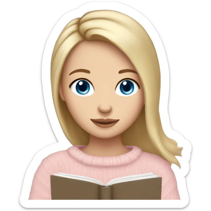 Pretty blue eyed white girl with light pink sweater and dark blonde hair reading cozy sticker