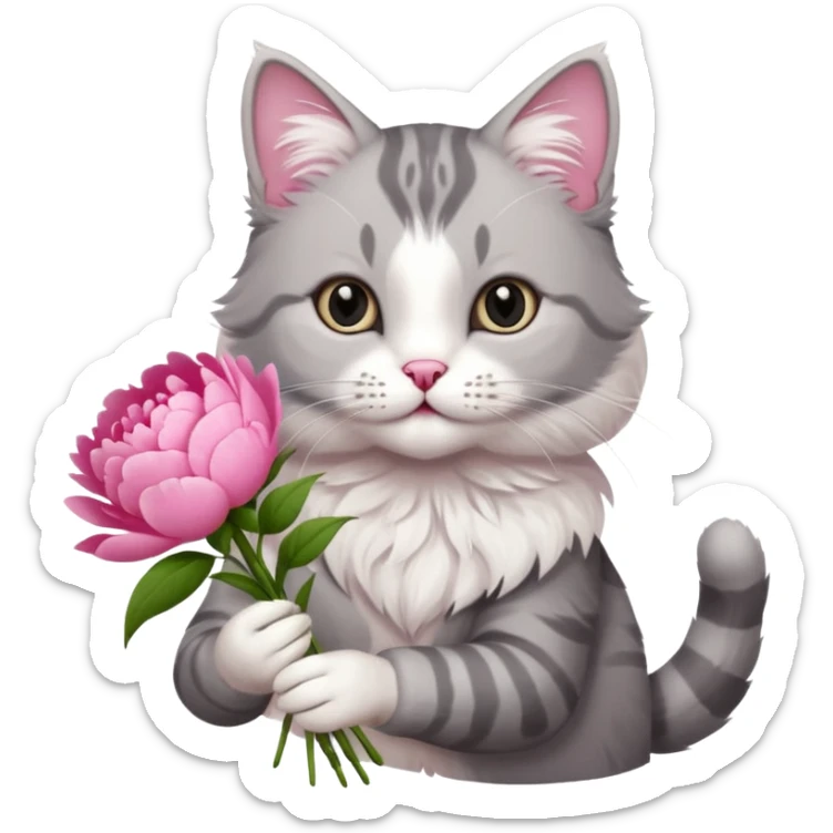 Cute cat Handing pink peonies like reaching a hand and handing them out a bouquet of them not a physical hand the cats hand  make the cat fluffy and grey and white fluffier make the cat wear a pink coquette sticker