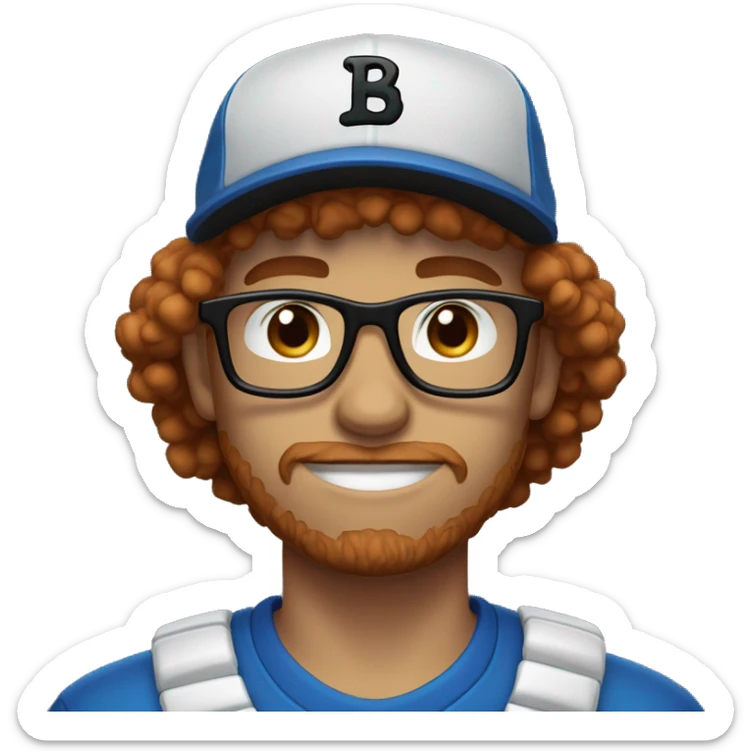 30 years old, male, red hair, curly hair, glasses, black baseball hat, blue eyes, pale complexion, stubble facial hair sticker