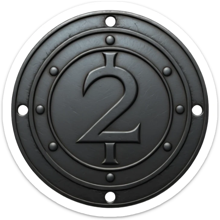 Minimal emoji, gothic metal coin made of black steel, engraved number 2 at the center, ancient industrial aesthetic, worn metal texture, no glow, no neon, flat emoji design, centered, transparent background sticker