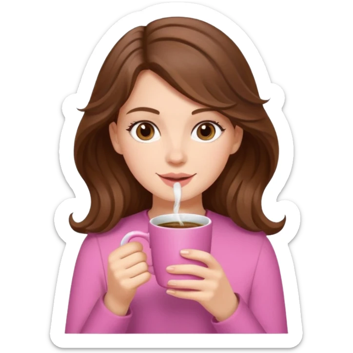 young white girl with wavy brown hair drinking coffee from a pink cup emoji sticker