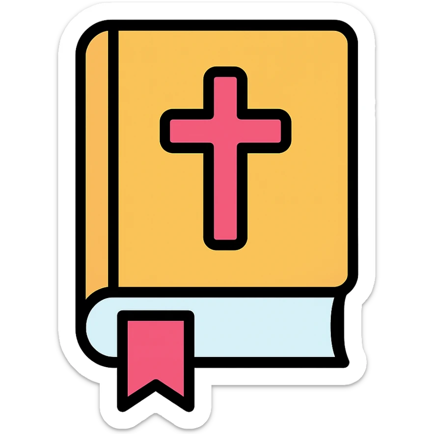 closed Bible with a pink cross on the cover, color outline icon style, with a bookmark ribbon sticker