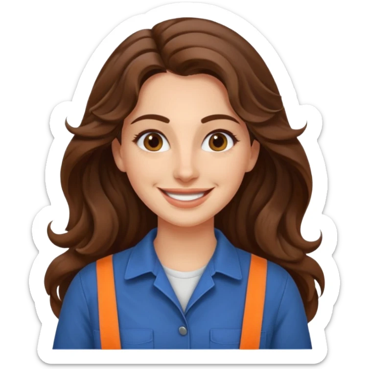 30 yr old italian woman, long brown wavy hair, big brown eyes, huge smile, work clothes, no bangs,  sticker