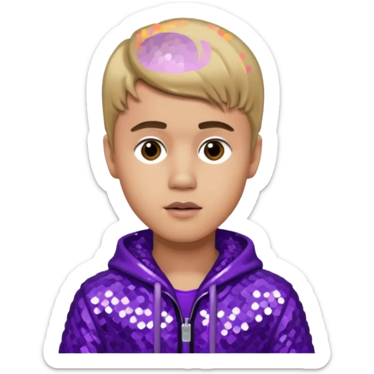 Justin Bieber with light skin, dark blonde hair, purple sequin outfit sticker