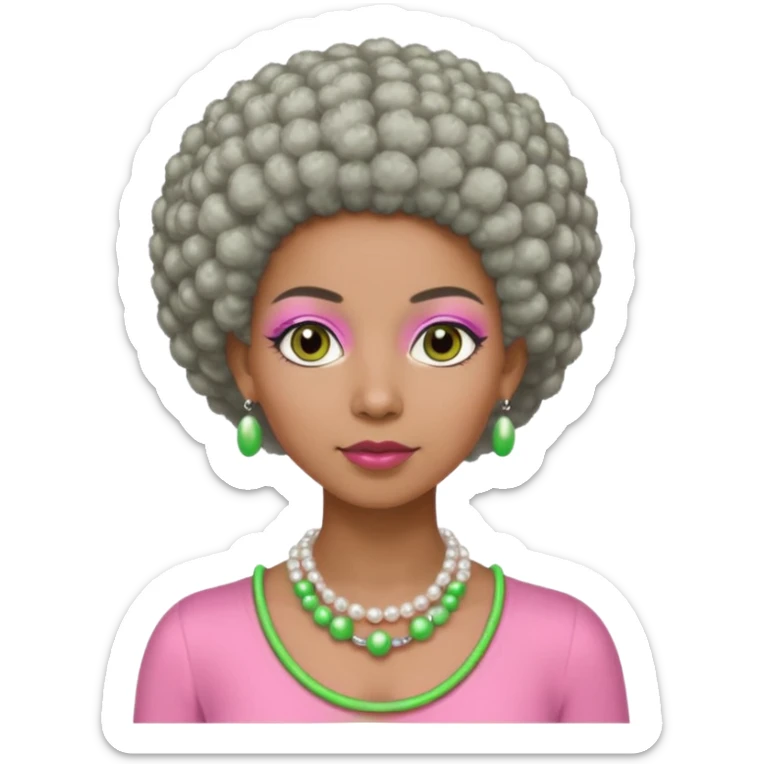Brown woman with very short gray Afro  wearing pink and green outfit and pearl necklace  sticker