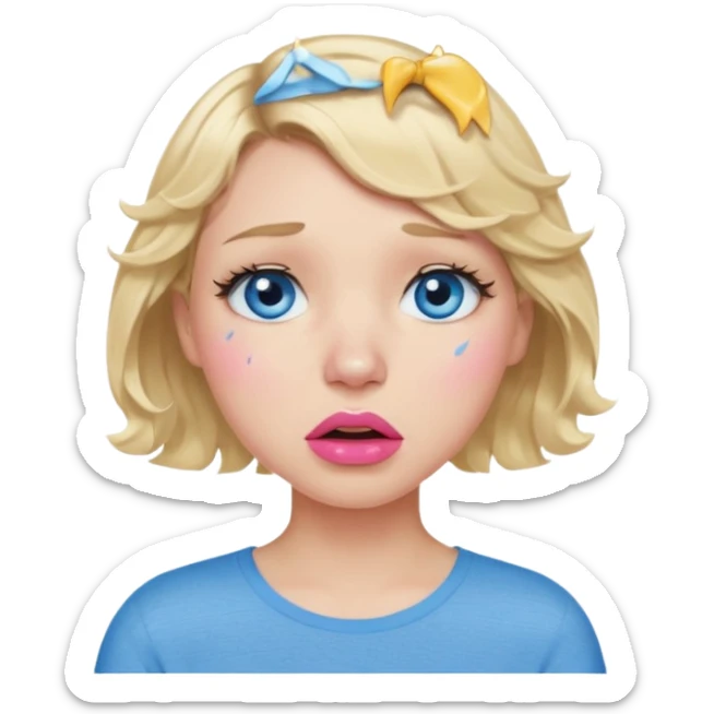 Girl Blonde short wavy hair,  blue eyes, cute blue top, long lashes, pink lips,crying with big tears running down the face  sticker