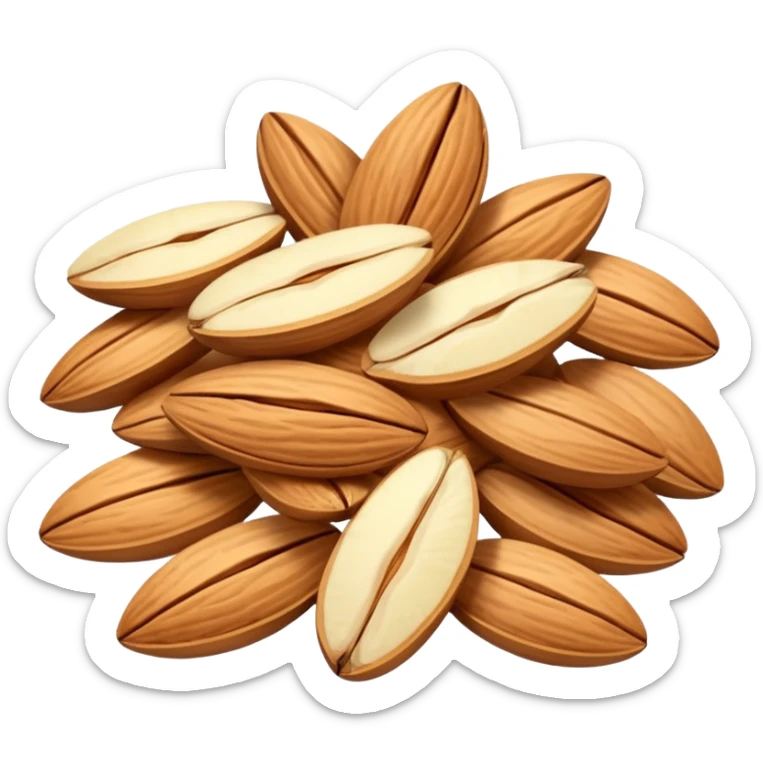 small pile of sliced almonds, thin, ivory to pale gold, natural irregular shapes, soft lighting, subtle shadows, no bowl, no utensils, no faces, transparent background, emoji scale sticker