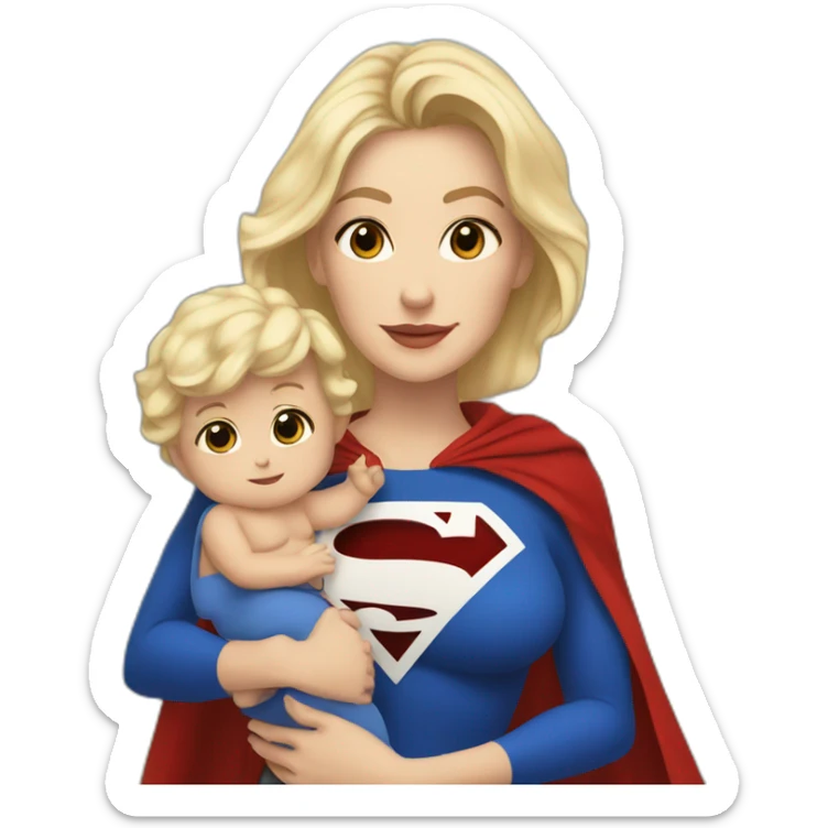 mother white skin with brown hair dressed as Superman with a cape holding a blondbaby sticker