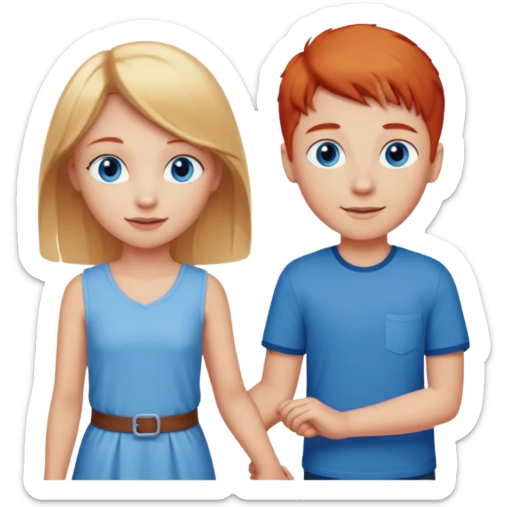 blonde haired young girl with blue eyes holding hands happily with a red headed boy with blue eyes sticker