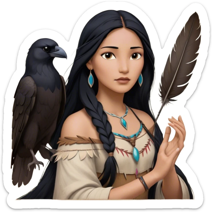 Cinematic Realistic Pocahontas Portrait, depicted with lifelike skin texture, soft natural lighting, and intricately detailed long, flowing raven-black hair that moves gracefully in the wind. Her deep, soulful dark brown eyes exude wisdom and strength, complemented by a serene yet powerful expression. She is shown gently holding a feather in one hand, her other hand resting lightly at her side, embodying the harmonious balance between nature and herself. She is dressed in her classic one-shoulder native American dress, with rich fabric textures and delicate beaded details that catch the light beautifully. The portrait features a soft, sun-kissed glow with a natural, radiant finish, capturing the essence of untamed beauty and deep connection to nature in a realistic and painterly style, evoking a sense of depth and authenticity. sticker