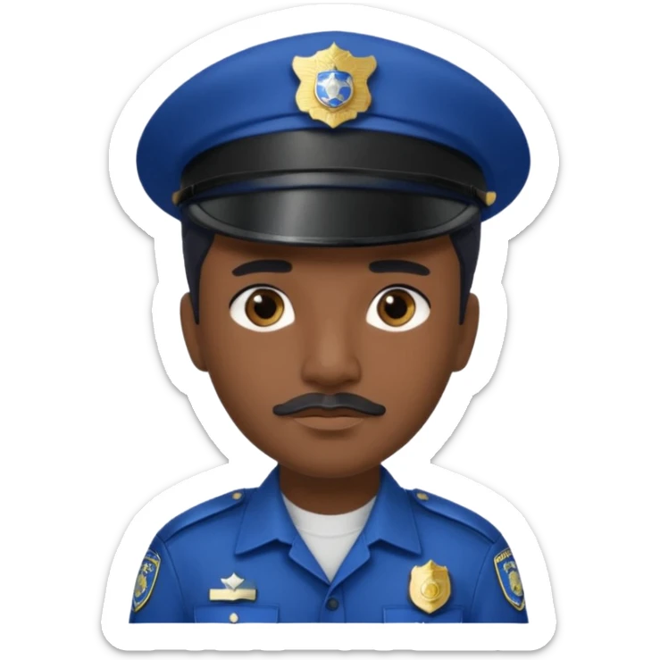 A police officer with dark skin tone, wearing a dark blue police cap with a silver badge in the center, short black hair mostly covered by the cap, large brown eyes, a small black mustache, and a neutral expression. sticker