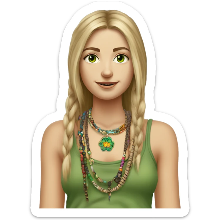 Caucasian hippie girl with straight dirty blonde hair, green eyes, baggy colorful pants and a tank top, LOTS OF bohemian bracelets and jewelry portrait sticker