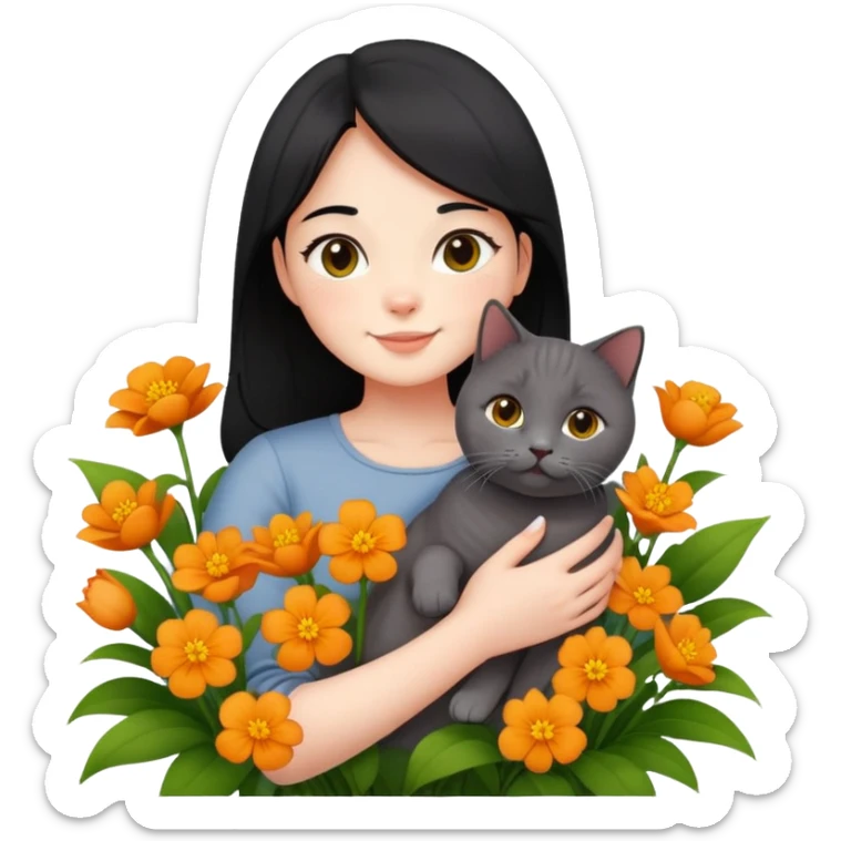A black-haired girl happily holds a Ginger British Shorthair Cat in the flowers sticker