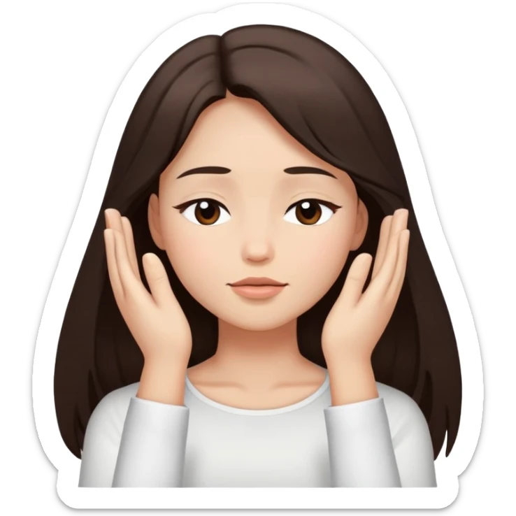 Girl long dark brown hair light medium skin hands lifted eyes closed white top sticker