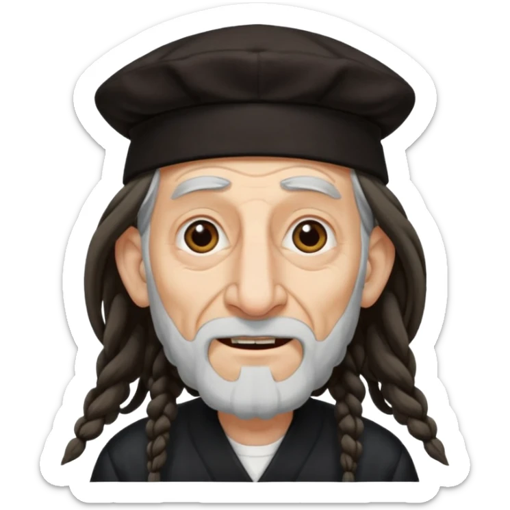 Jewish elderly man emoji with long dread hair on the sides and jewish hat, long big nose and crooked teeth sticker