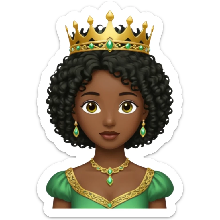 balck princess with black curly hair and a golden tiara. Green dress sticker
