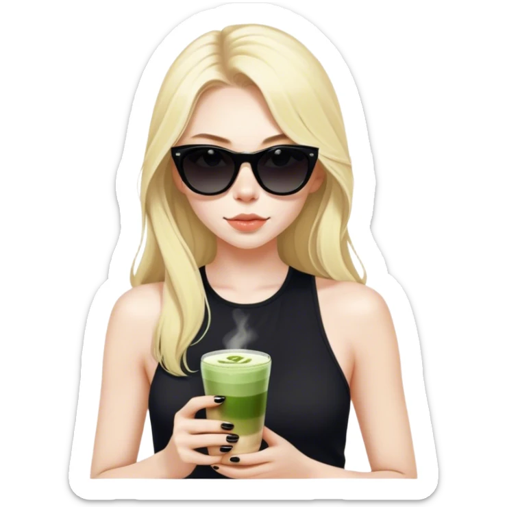 Blonde girl with pale skin and long hair with black cat eye sunglasses in black tank top and matcha latte sticker