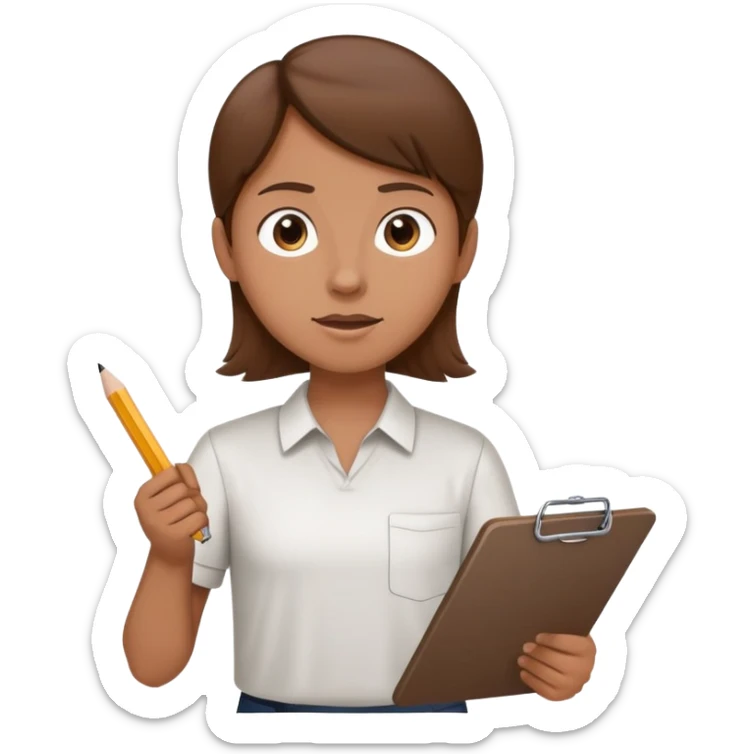 Intern or volunteer with brown hair holding a clipboard and pencil, ready to take notes or assist. The character wears a simple shirt and has an eager posture sticker