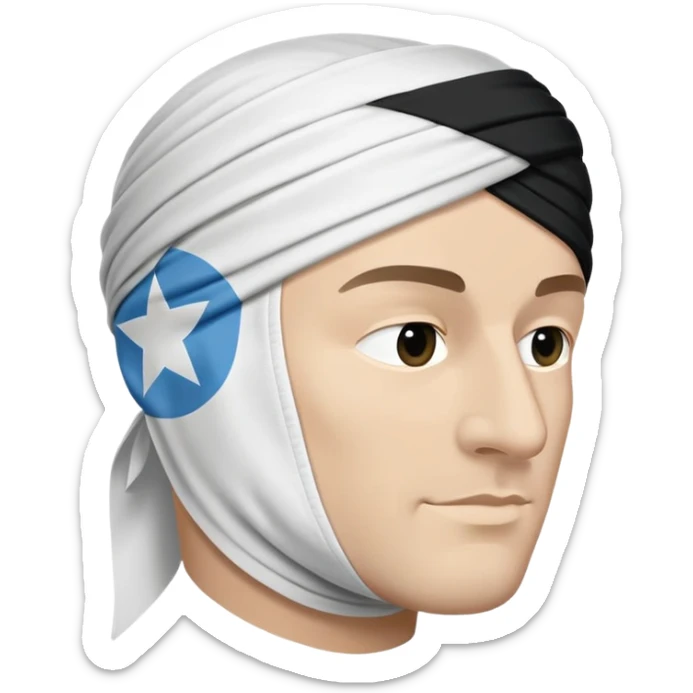 Un drapeau blanc avec au centre une tête de Maure (un homme noir) de profil, tournée vers la gauche avec : 	•	Un bandeau blanc ou serre-tête noué autour du front, 	•	Les traits du visage bien visibles (nez, lèvres, oreille),  sticker