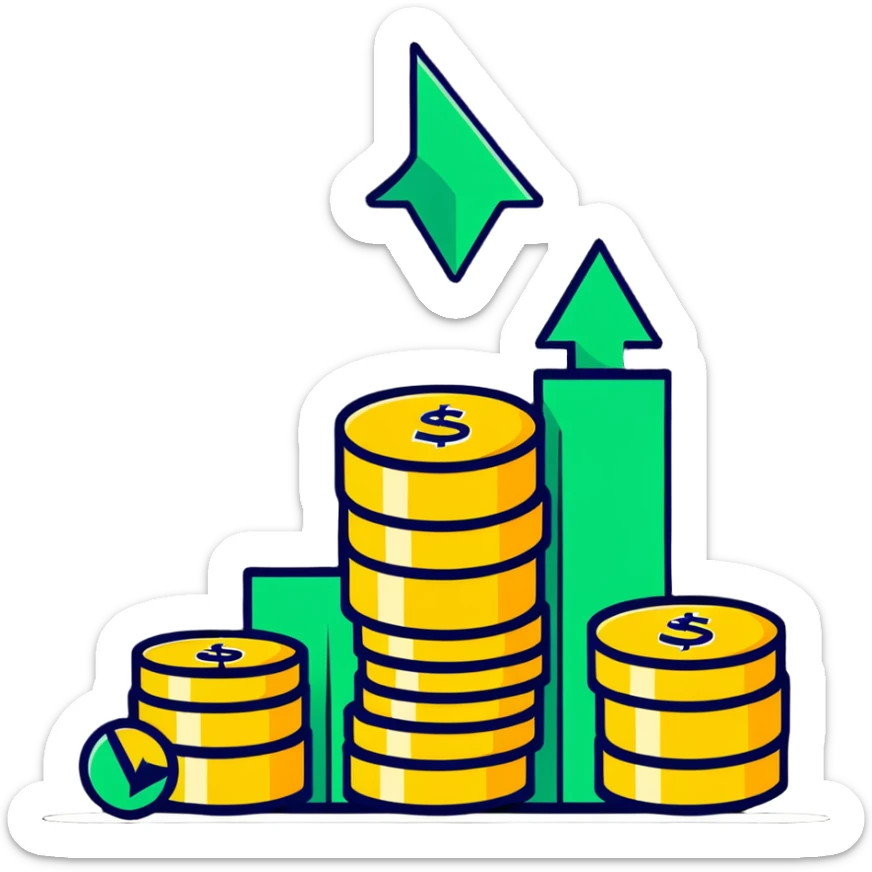 green upward arrow next to three stacks of gold coins in ascending height sticker