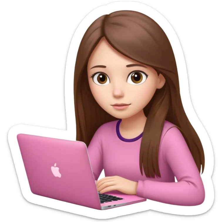 Chica lacia peli larga y peli larga  en una MacBook rosa investigando y haciendo tareas con un libro de apuntes y con cara muy linda como modelo sticker