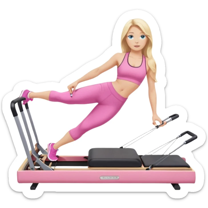  long blown out blonde hair woman blue eyes wearing pink workout set doing pilates reformer sticker