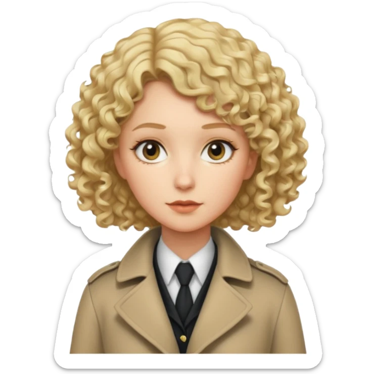 detective woman in long coat, blond short curly hair, white skin sticker