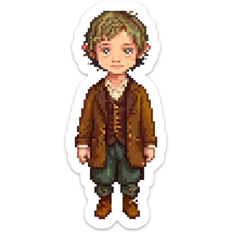 Whole body image of bilbo baggins from the hobbit movie in pixel art style. Bilbo is younger. Make Bilbo look like the actor that portrayed him in the movie, Martin Freeman. Bilbo is wearing the same outfit he was wearing when he left the shire with Thorin Oakenshield. sticker