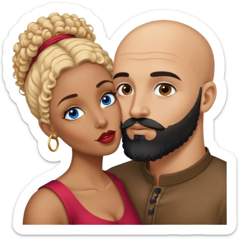 bald head man with brown eyes and black beard kissing African woman with blue eyes and curly blonde hair sticker