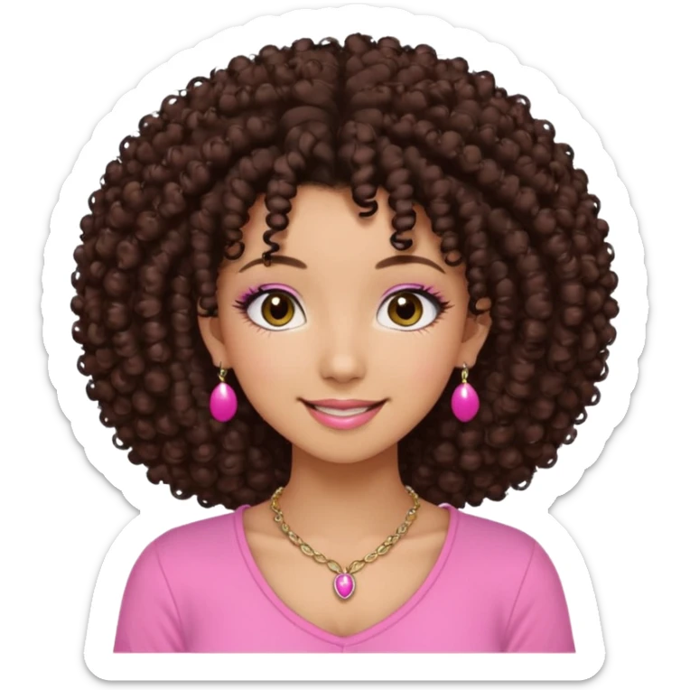 Naturally tan skin girl short darkBrown curly afropink shirt long lashes earrings necklace Brown eyes gyaru smiling closed mouth cute sticker