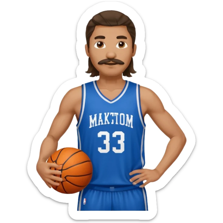 long haired man basketball player blue jersey with mustache holding basket ball sticker