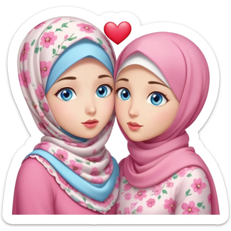 Two Turkish beautiful finish Konya friendly girls blue eyes with pink floral hijab and heart dress and Scattering kisses outside  sticker