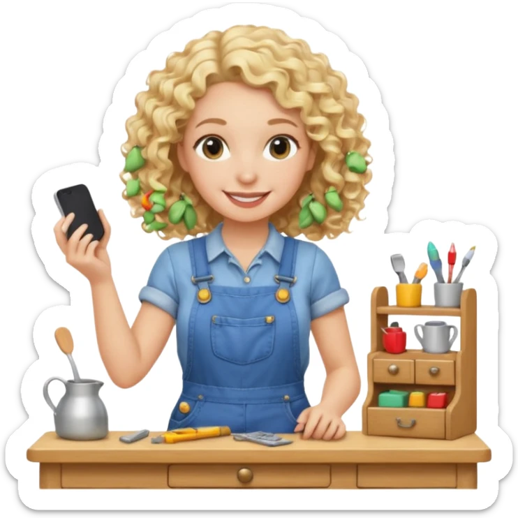 smiling blonde curly woman arranging furniture in doll house with overalls sticker