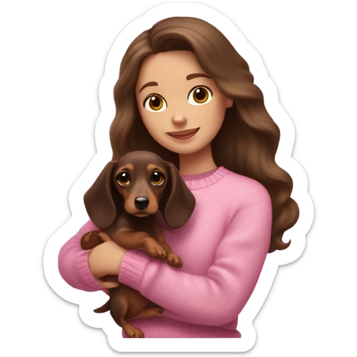 Brunette white girl with long wavy hair in a pink sweater holds a dark brown and cream dachshund long-haired puppy in her arms sticker
