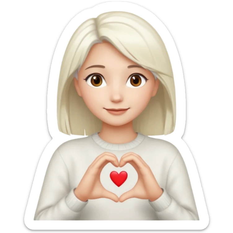 Beautiful girl. Platinum-colored hair just below the shoulders, straight, brown eyes, sweet smile. Hands in the shape of a heart. sticker