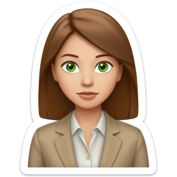 Adult woman avatar, light skin tone, oval face, straight long brown hair, green eyes, neutral mouth, business casual  sticker