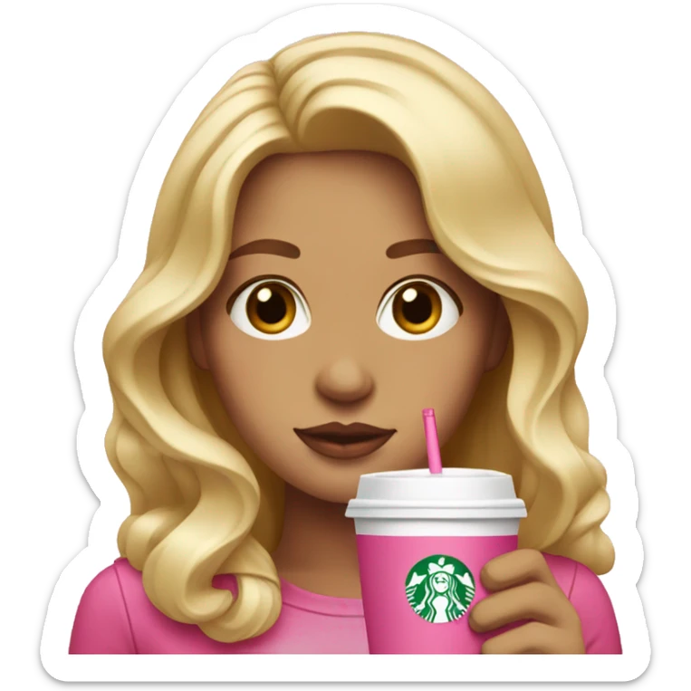 blonde drinking pink starbucks wearing a pink bow in long wavy blonde hair sticker
