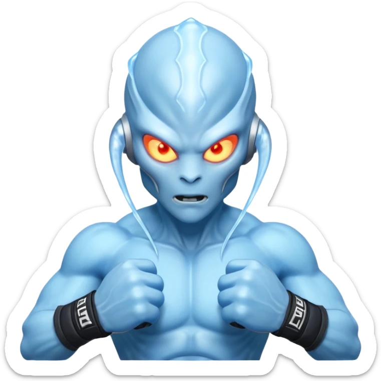 ice alien MMA fighter portrait, head and shoulders only, icy blue skin, frost aura, glowing cold eyes, combat gloves, 3D cartoon, mobile game icon style, clean background, no text, no watermark
 sticker