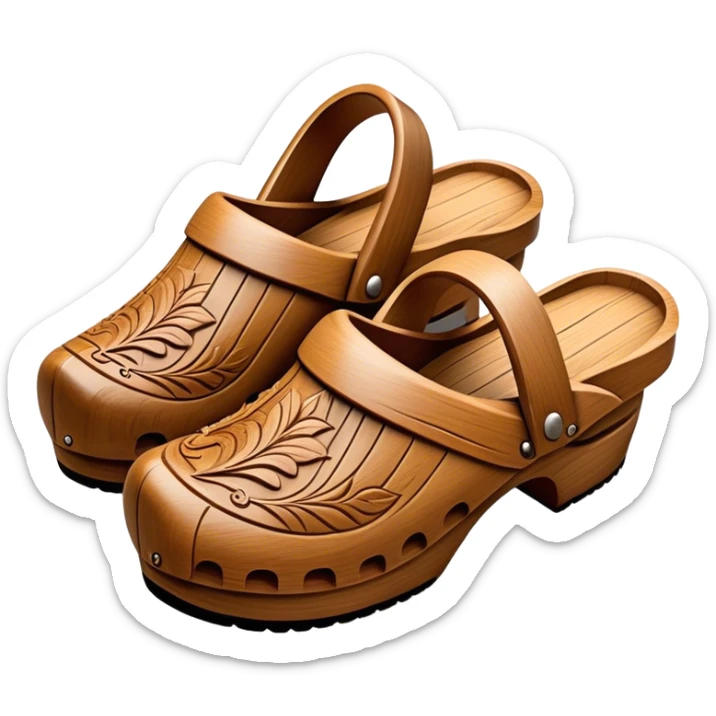 Cinematic Realistic Wooden Clogs Emoji, depicted as a pair of traditionally carved wooden clogs with intricate details and rustic charm. sticker